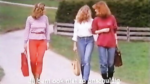 Three 1980s women including Christa Ludwig walking outdoors in vintage scene