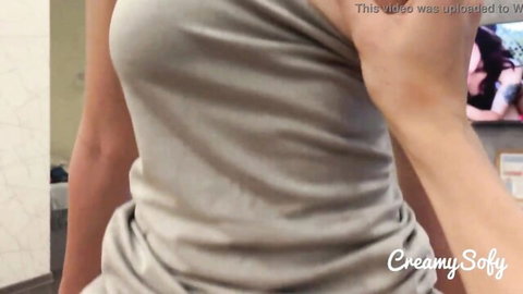 Busty slutty sister-in-law in tight gray tank top, teasing side view with visible nipples