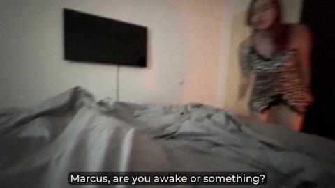 Redhead MILF in sparkly zebra dress teasing stepson Marcus awake on hotel bed