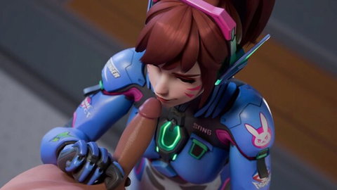 D.Va cosplay blowjob on dildo in tight blue suit, explicit oral tease