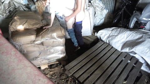 Blonde stepsister fucked doggy style in jeans in farm barn