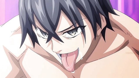 Hentai anime guy sticks out long wet tongue smirking seductively with muscular bare chest
