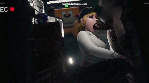 3D blonde ponytail girl sucks massive cock deep in her mouth during intense blowjob