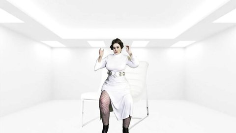 Mature Princess Leia cosplay in sexy white gown with thigh slits and stockings