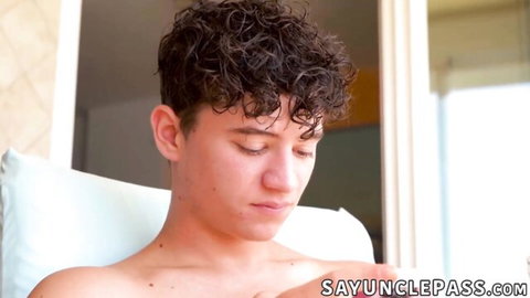Gabriel Parker shirtless curly-haired twink dreaming of Jax Thirio's big dick
