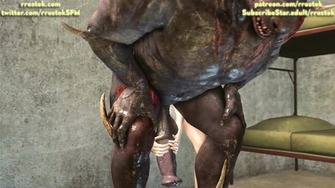 3D CGI monster with massive cock fucking woman's exposed pussy doggy style