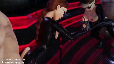 Lara Latex in black latex catsuit groping breasts with redhead partner