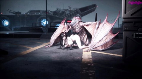 Juzi nude with big winged dragon creature in monster sex scene