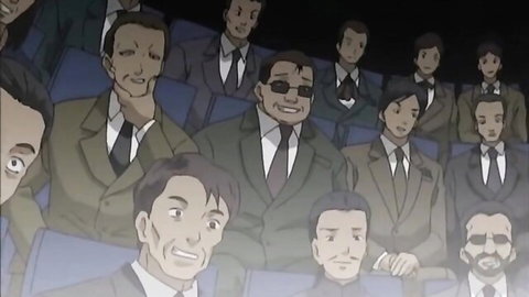 Anime-style JAV thumbnail of suited Asian men in audience seats