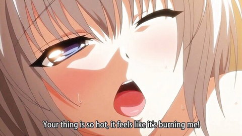 Anime girl with gray hair and blue eyes moaning in heat ecstasy