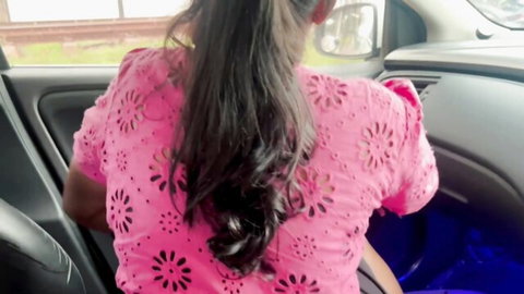 Indian woman in pink cutout top in car, office friend touching body tease