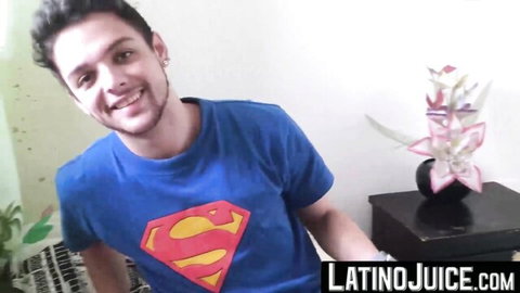 Maximiliano smiles in Superman shirt, Latino hunk pre-rimming cumshot
