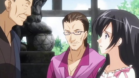 Anime hentai scene: black-haired girl with two men in traditional outfits