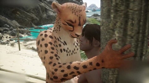 Zuri Max as sexy cheetah furry nuzzling black-haired human male outdoors