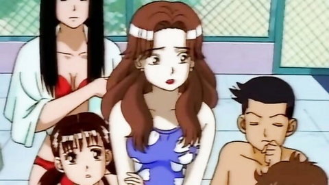 Anime hentai thumbnail: busty women in bikinis with young man in swimsuits at pool