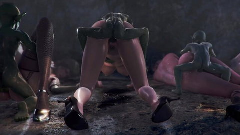 Chained girls bent over in goblin breeding farm, asses up ready for monster gangbang
