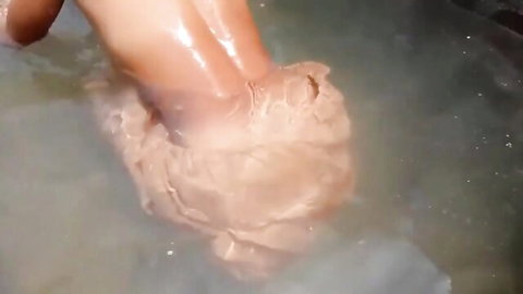Desi Indian teen girl bathing outdoors, natural big boobs exposed
