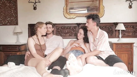 Amateur foursome on bed with redhead and brunette in casual shorts, foot play tease, Lustery HD