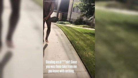 Naked ebony man walking exposed outdoors in revenge scene