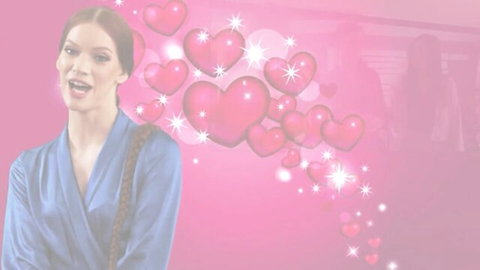 Redhead MILF in open blue satin robe flashing big tits with open mouth O-face and pink hearts