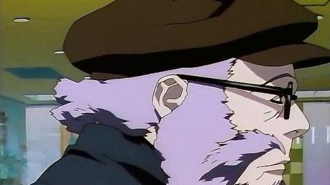 Anime style older man with purple hair, glasses, and hat in office