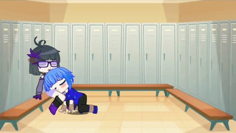 Anime futa purple-haired girl dominates tied blue-haired boy