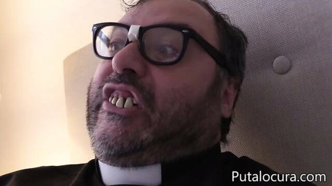 Father Damian in priest collar with intense gaze, Antonia Sainz video thumbnail