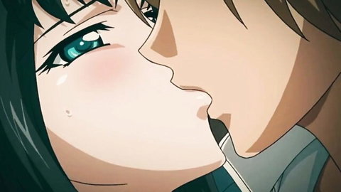 Hentai anime girl with big ass passionately kissing guy in close-up