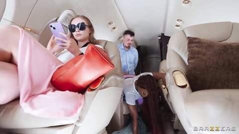 Brazzers blonde in pink dress spreads legs for threesome on private jet