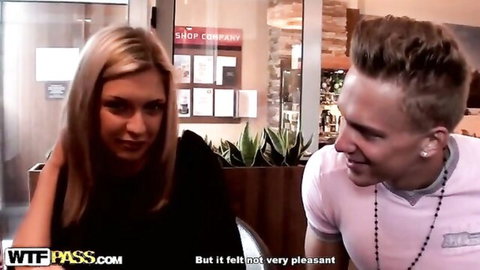 Blonde woman and man in casual chat after public anal encounter, Pickup Fuck scene