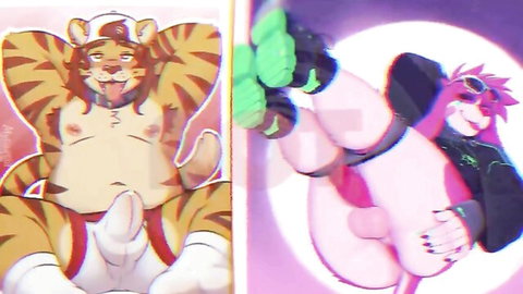 Explicit furry art of chubby anthro tiger and pink fox posing with exposed genitals