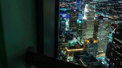 Vicki Chase overlooks neon city lights in wild college bash passion