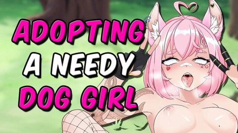 Needy pink-haired VTuber dog girl with fox ears, topless in fishnets, ahegao expression