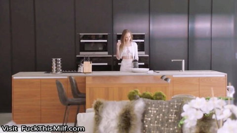 Gorgeous blonde babe in sexy white apron teasing passionately