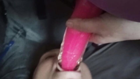 Giant pink dildo inserted into tight booty in intense anal play