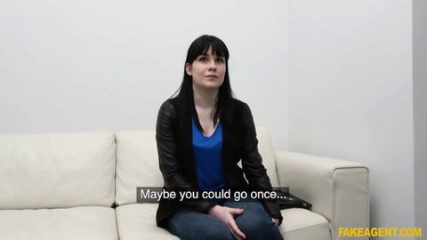 Kaira Love shy charm in casting couch, black leather jacket blue top