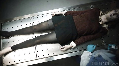 Jane Doe morgue slab in red sweater, green skirt, stockings - Pure Taboo