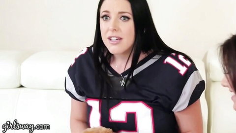 Angela White in Patriots jersey distracted by game tease