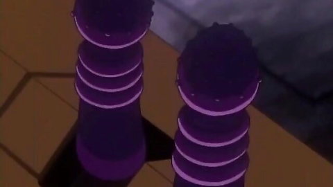 Two massive glowing purple segmented dildos erect in dark hentai scene
