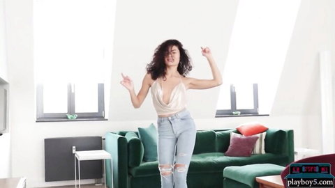 Petite Asian model Layla Balan dancing in sexy gold top and ripped jeans