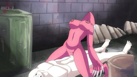 Pink monster girl with huge tits rides white guy's cock in cowgirl position