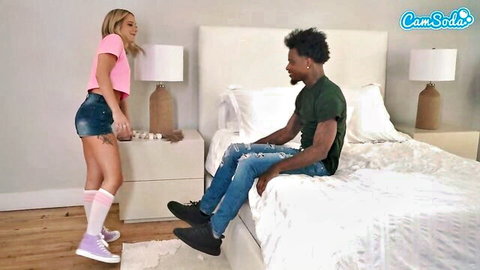 Small all natural blonde teen in shorts stands by BBC stud on bed