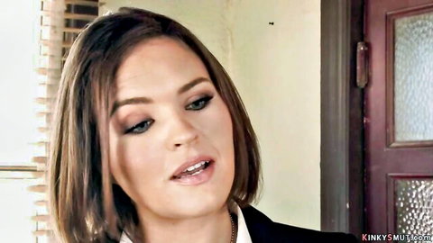Krissy Lynn as busty detective in white blouse, intense gaze