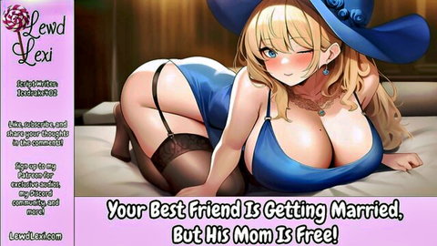 LewdLexiAudio as busty blonde MILF in blue dress, stockings on bed