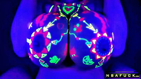 Glowing neon body-painted large breasts in hentai titfuck challenge