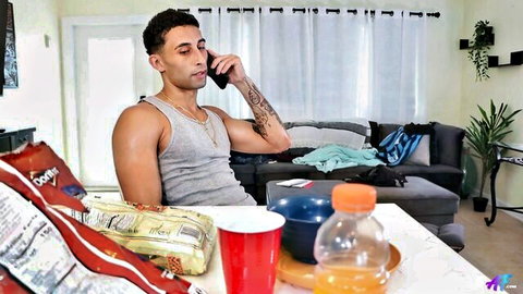 Muscular Blake in tank top, tattooed stepson on phone call