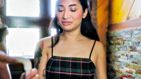 Avery Black in seductive plaid top, Asian beauty with tattoos