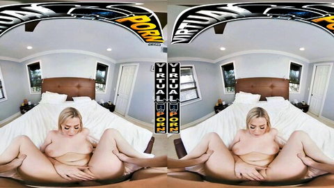 Blake Blossom nude blonde spreading legs on bed in VR porn