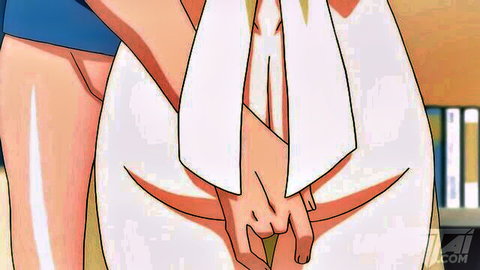 Hentai stepmom in white dress catches stepson jerking off with blue swimsuit girl