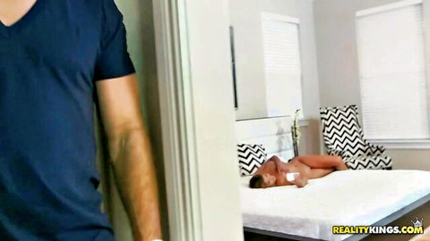 Lustful nude Hispanic MILF lying on bed in Milf Hunter hardcore scene